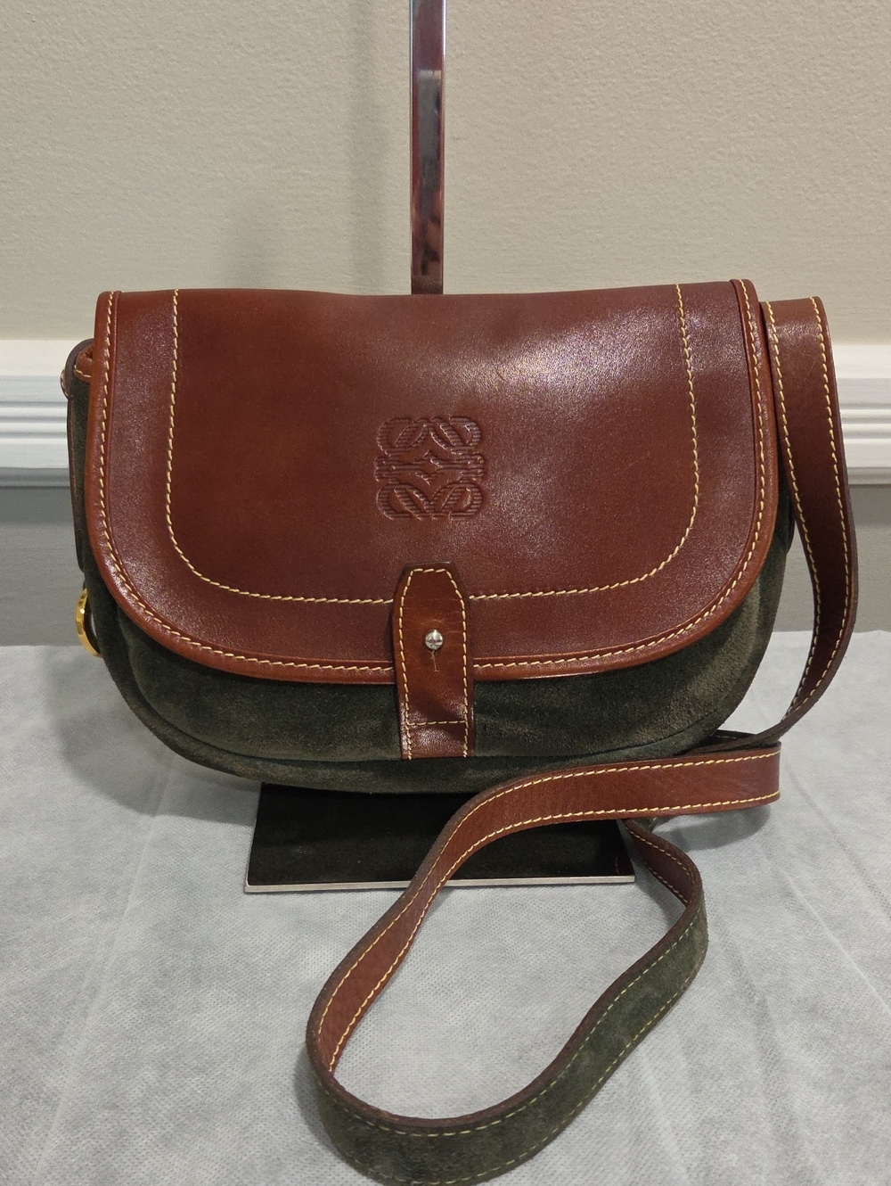 Loewe Brown Leather & Olive Suede Crossbody Bag